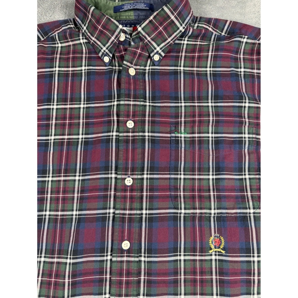 Tommy Hilfiger Mens Large Plaid Button Down Shirt Crest Logo Cotton